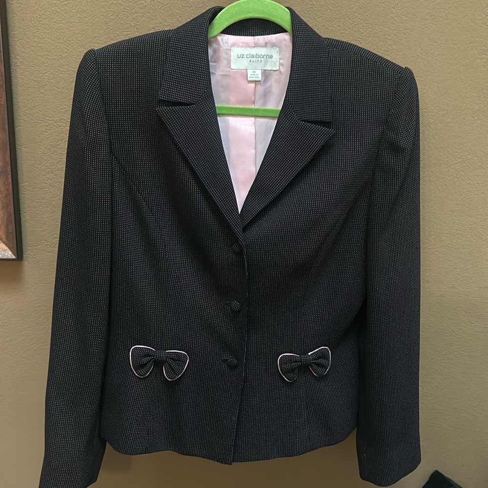 Liz Claiborne suit jacket. Navy and pink with bow detail